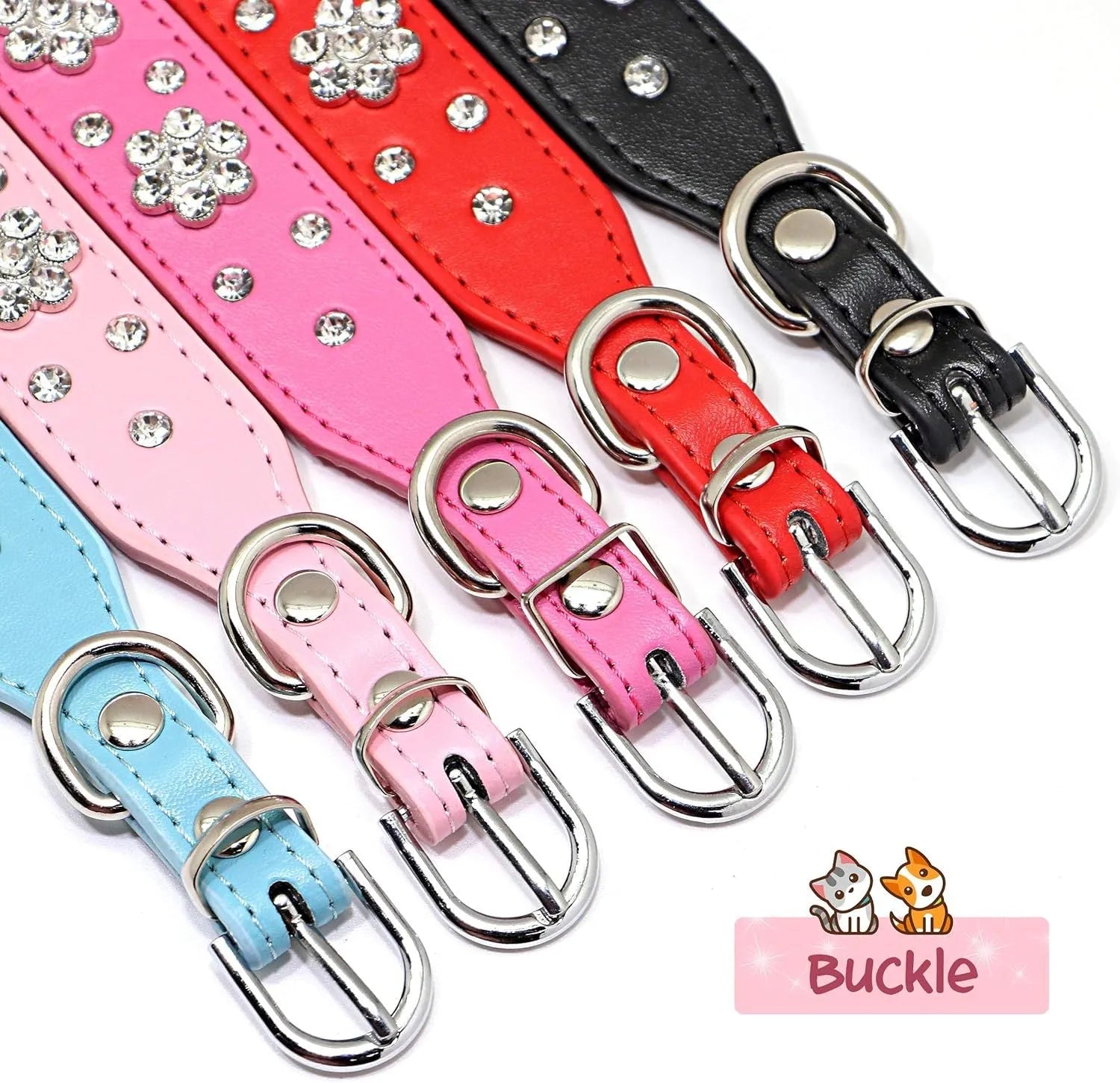 Soft black PU leather dog collar with sparkling pink rhinestone flower studs and a metal D-ring.