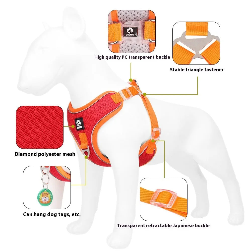 Adjustable mesh dog harness with reflective strips in multiple colour options