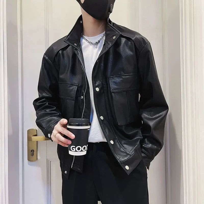 Men's black Korean-style PU leather pilot jacket with side pockets and a straight hem.