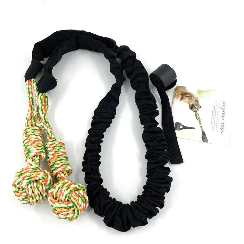 A twisted cotton rope dog toy for tug-of-war and chewing, shown in black, grey, or red.