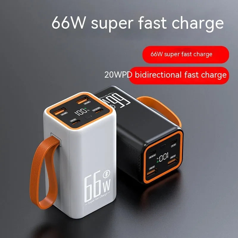 Black and white PD66W fast charge 20000mAh portable power bank showing creative design.