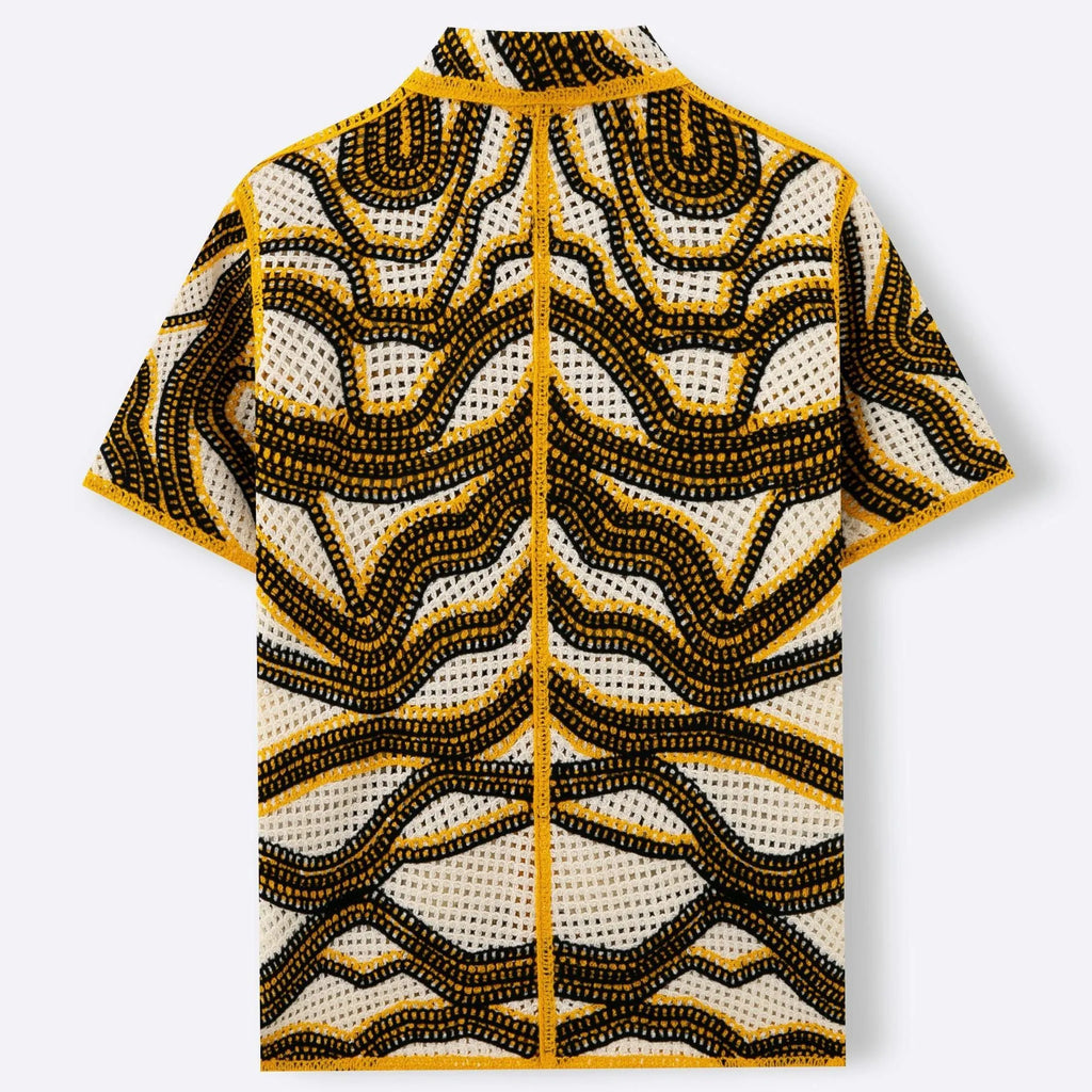 Khaki short sleeve cardigan with American striped pattern and hand-crocheted retro design