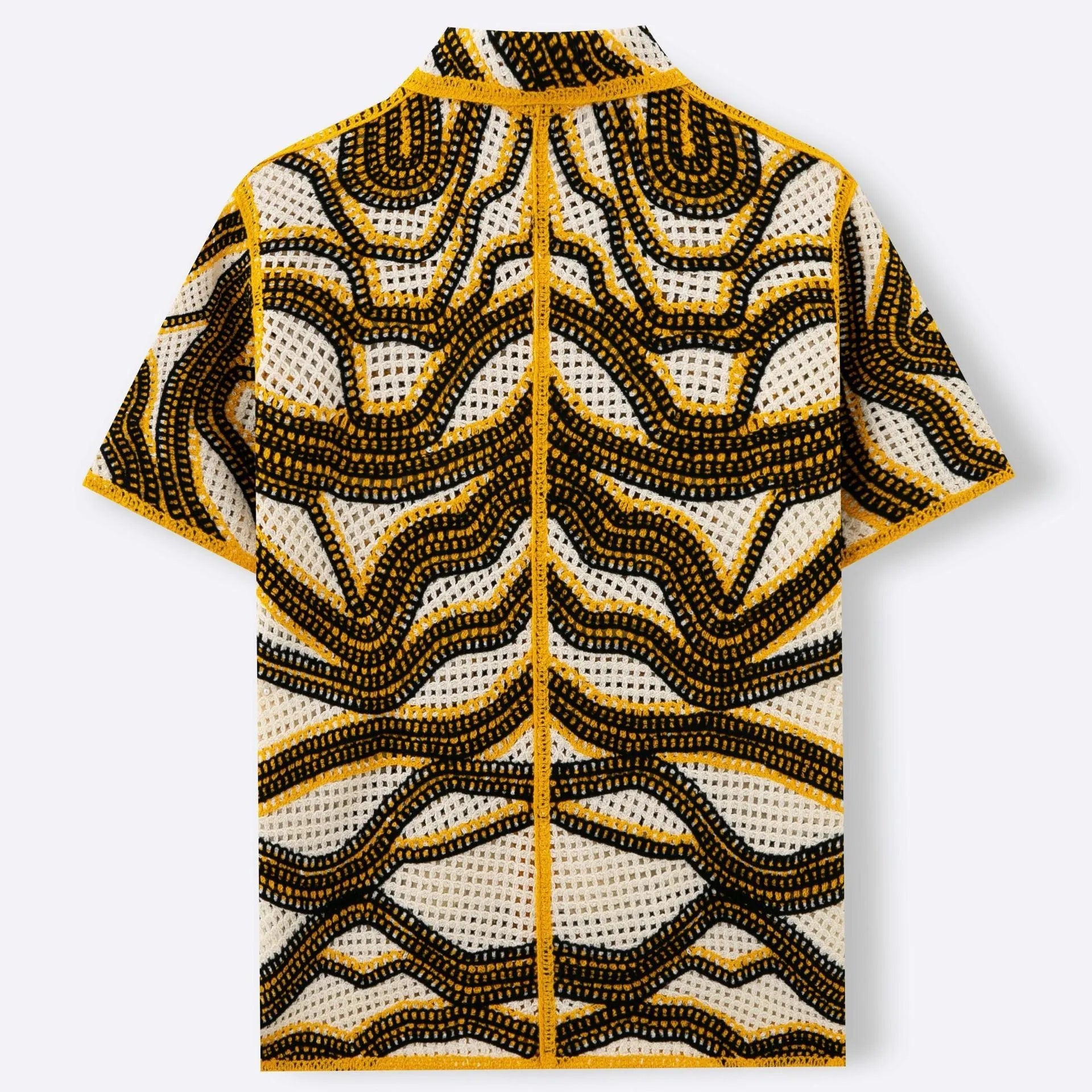 Khaki short sleeve cardigan with American striped pattern and hand-crocheted retro design