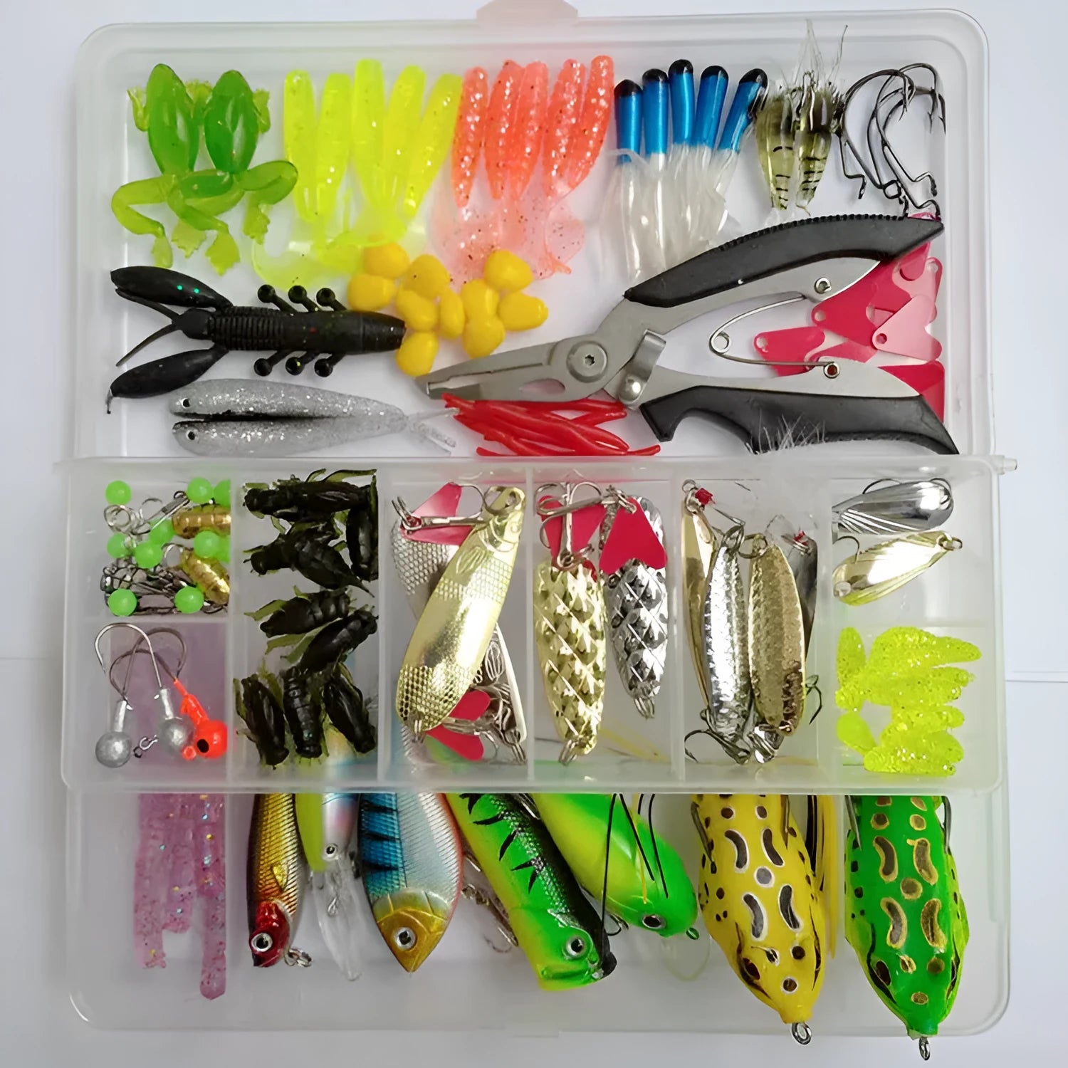 142-piece fishing lure collection with metal pliers showing hard mino and sequin baits