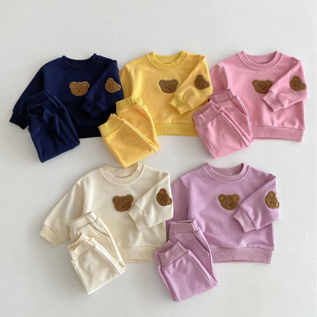 Long sleeve bear pullover sweater suit set in light beige for children 73-110cm cotton cartoon pattern