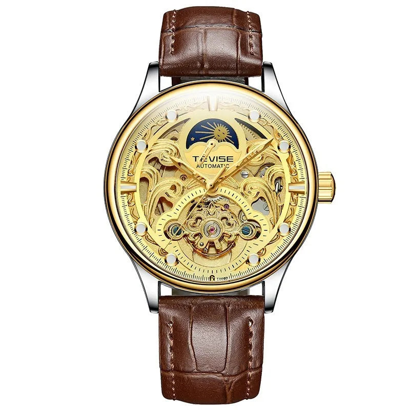 Men's gold leather automatic mechanical watch with waterproof case on wrist.