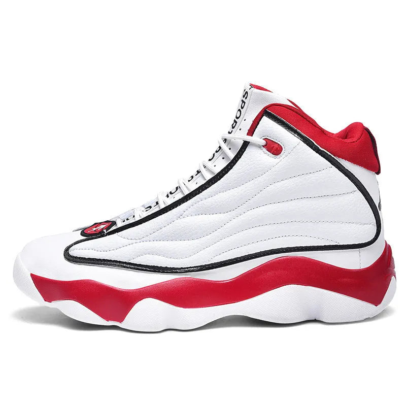 High-top basketball shoe in white and red with mesh upper, thick rubber sole, and lace-up front.