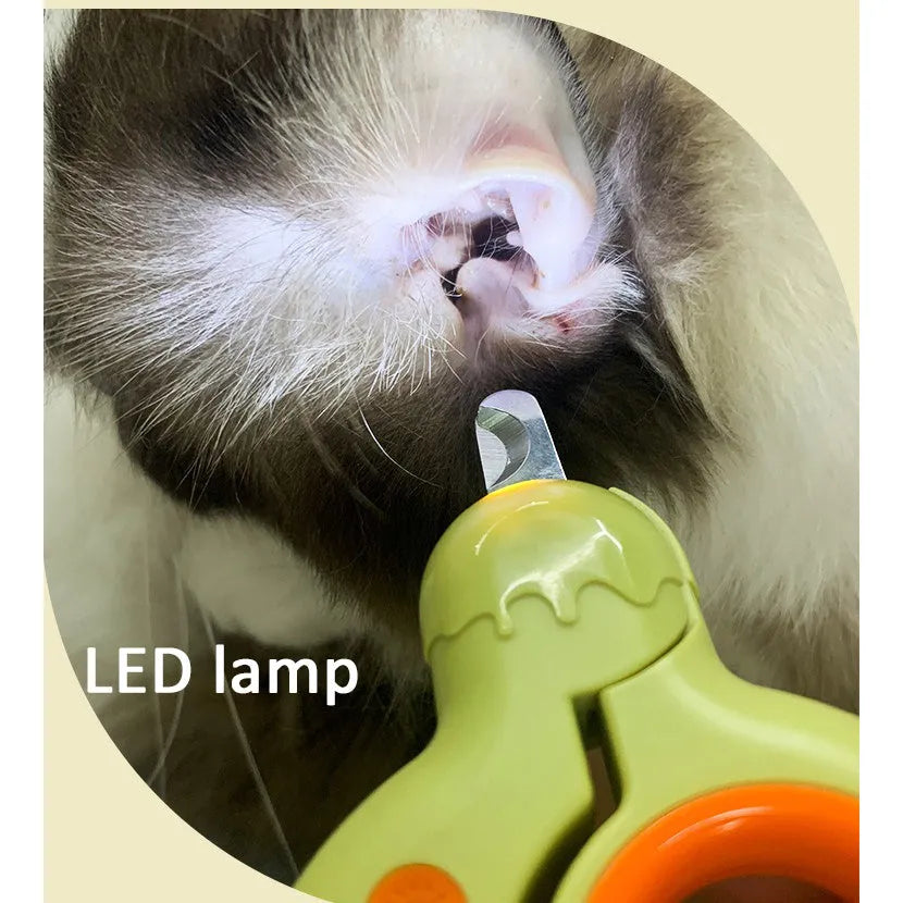 Blue pet nail clipper with LED light on, showing ergonomic handles and stainless steel blade.