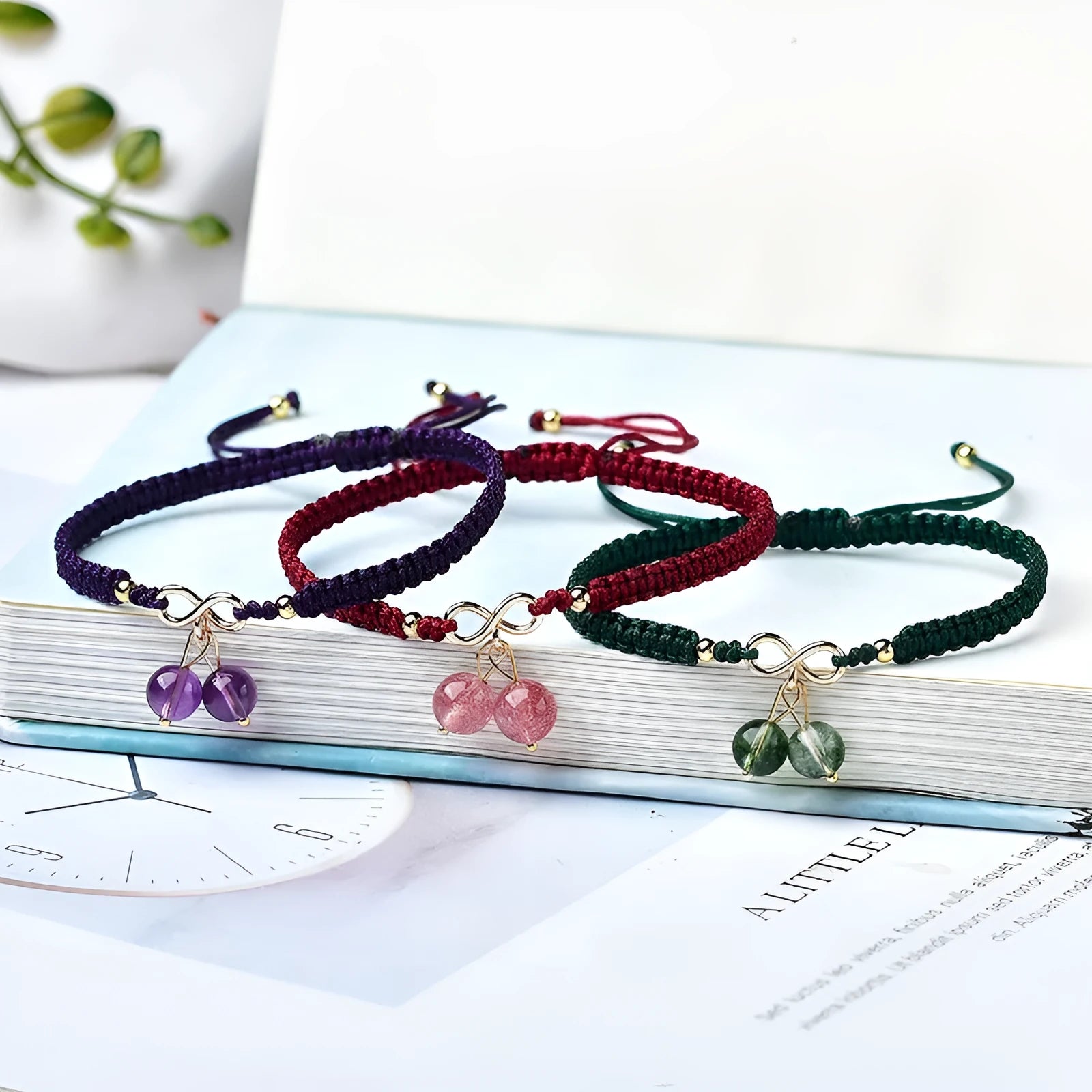 Natural strawberry quartz cherry charm bracelet for women with crystal beads