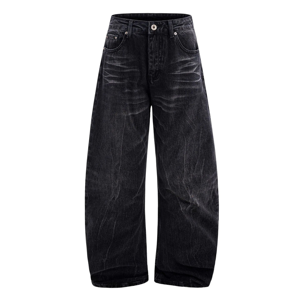 Black straight-leg men's jeans with American washed lightning crack texture detail