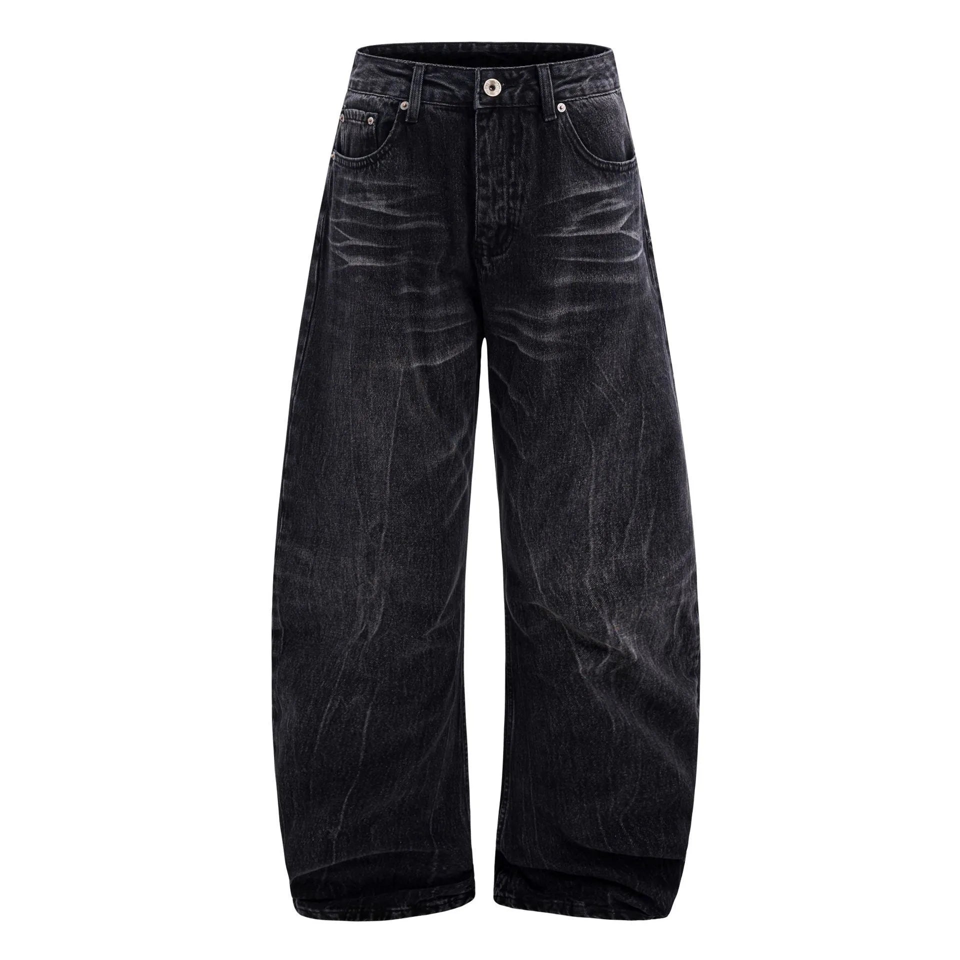 Black straight-leg men's jeans with American washed lightning crack texture detail