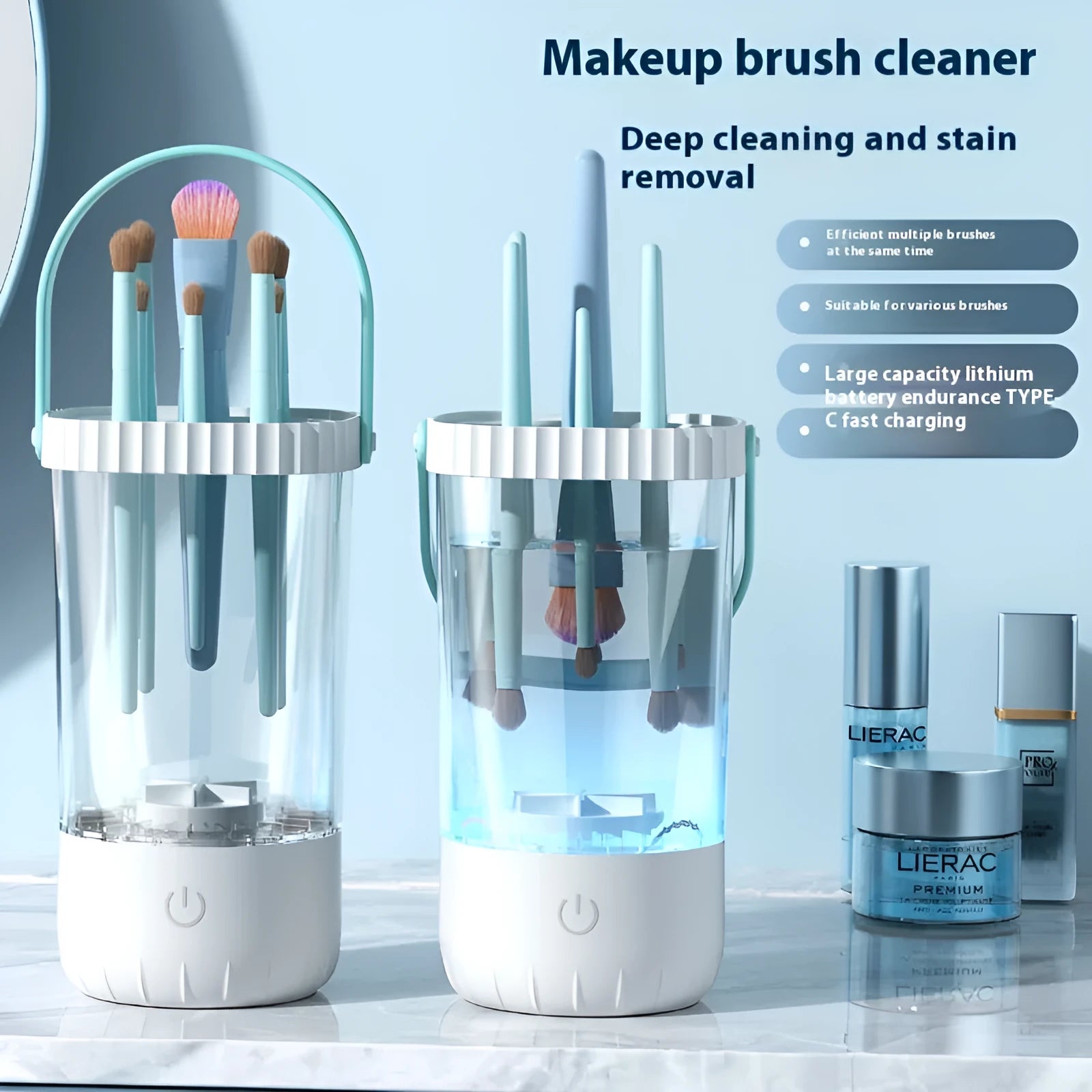 White rechargeable makeup brush cleaning device with USB cable.