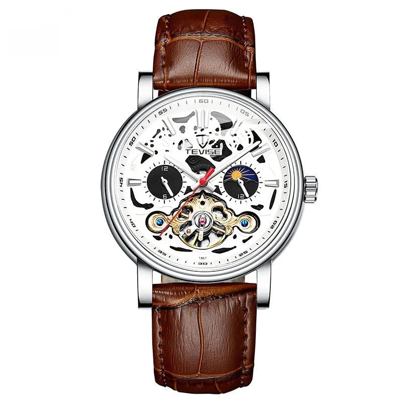 Men's black tourbillon mechanical watch with luminous hands on a leather strap.