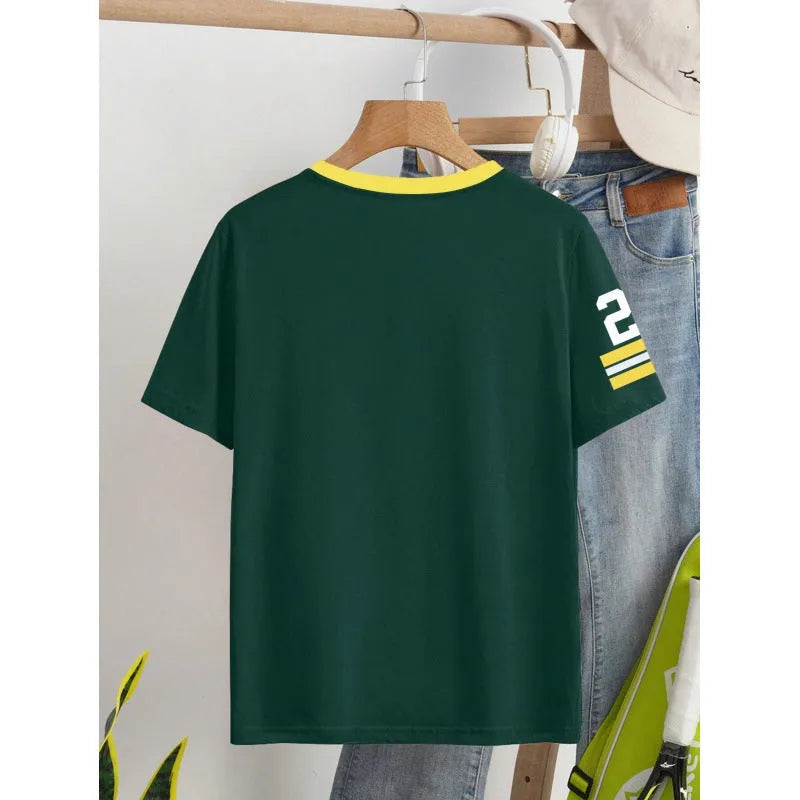 Loose fit red cotton T-shirt with digital printed letter patterns and contrast details