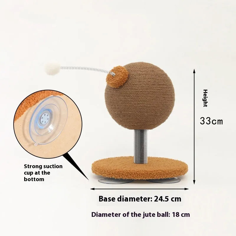 Large and small size hemp rope cat scratcher board with attached cat grasping ball toy.