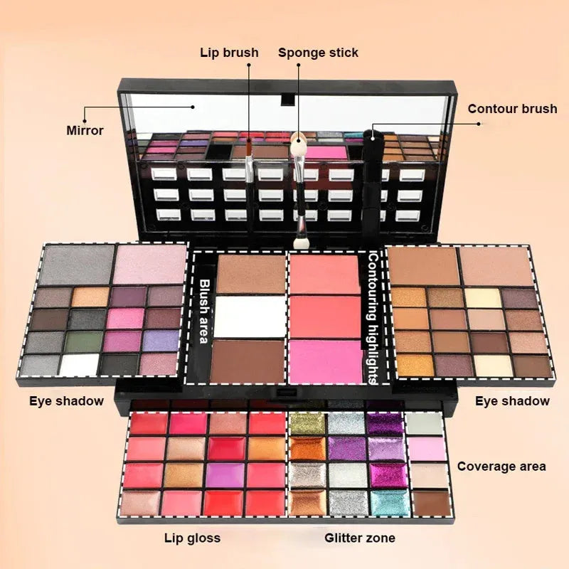 Four-layer 74 colour makeup palette with eyeshadow, lip gloss, and brushes in a plastic case.