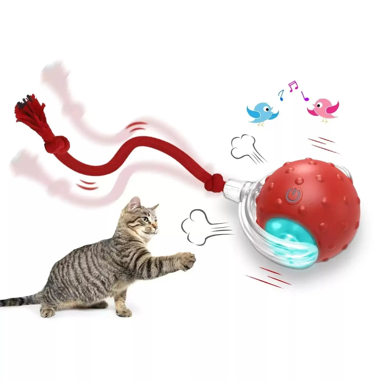 Interactive cat toy ball with feather tail and LED lights in red colour option
