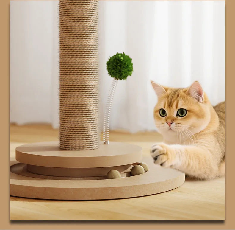 Vertical cat climbing frame with hemp rope posts and a canna-coloured chamfered grab column.