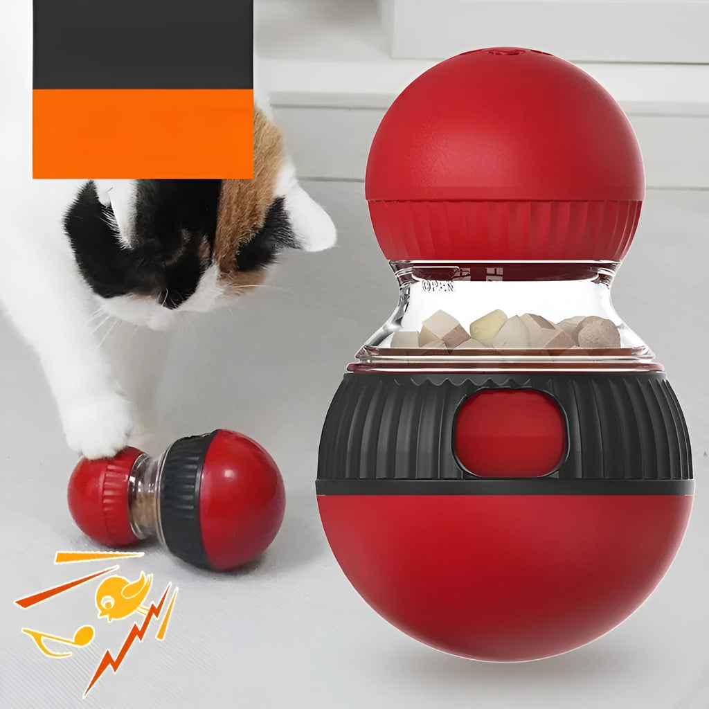 Multicolour plastic rotating cat toy with a dropping ball on a white background