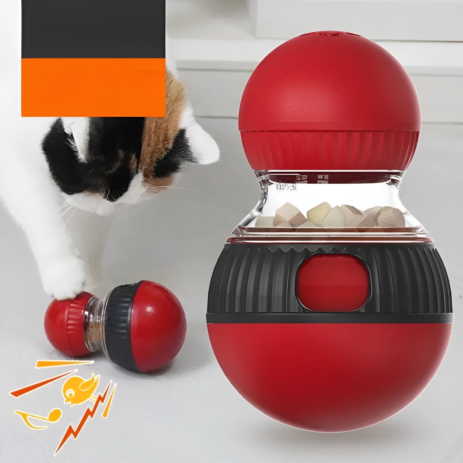 Multicolour plastic rotating cat toy with a dropping ball on a white background