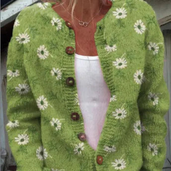 Women's loose-fit cardigan coat with a white 3D geometric digital print pattern on a solid coloured background.