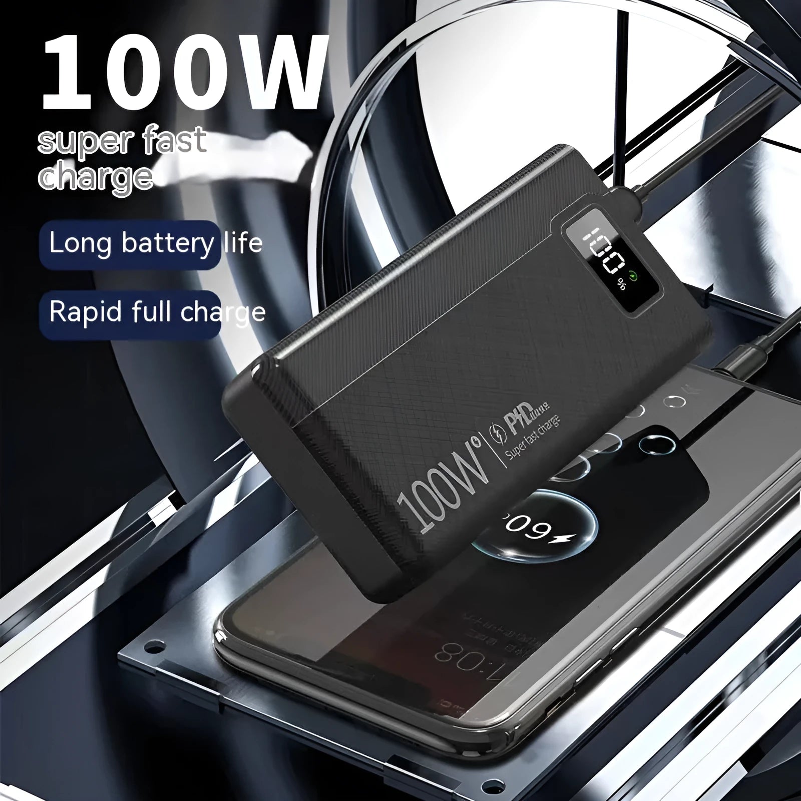 Black and white large capacity portable power bank with fast charging, showing size scale.