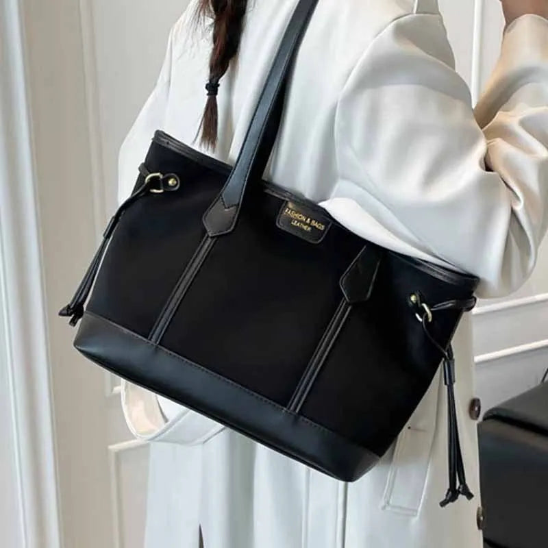 PU shoulder bag horizontal square tote with sewing line detail double straps black colour