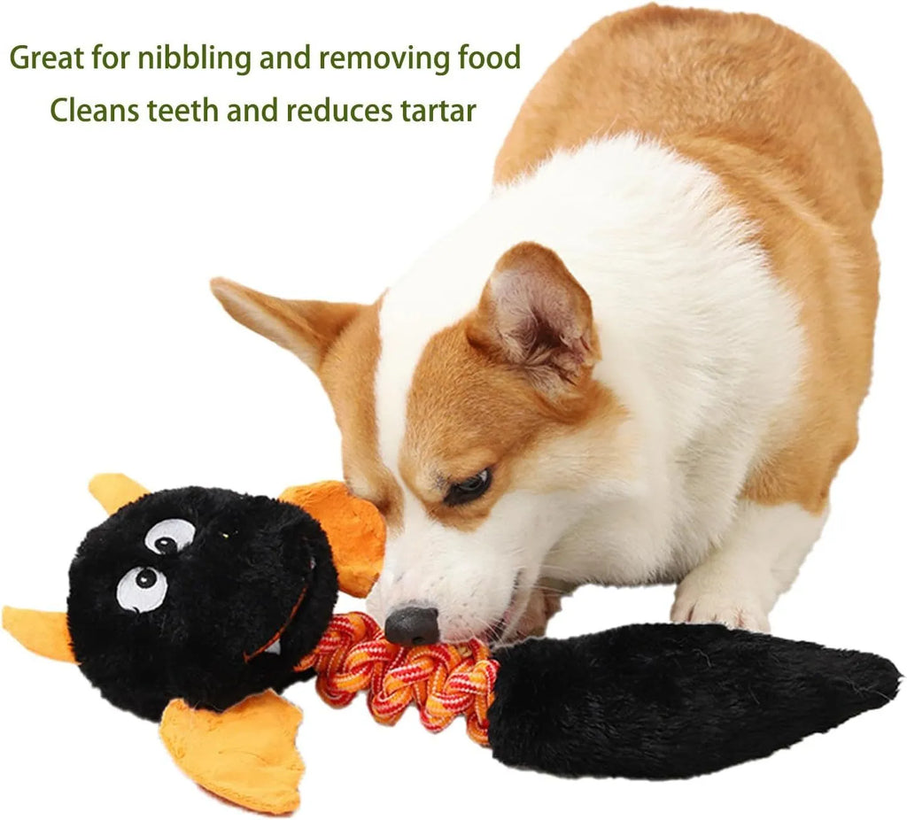 Plush cartoon dog toy with rope knot, shown in assorted colours for large dogs.