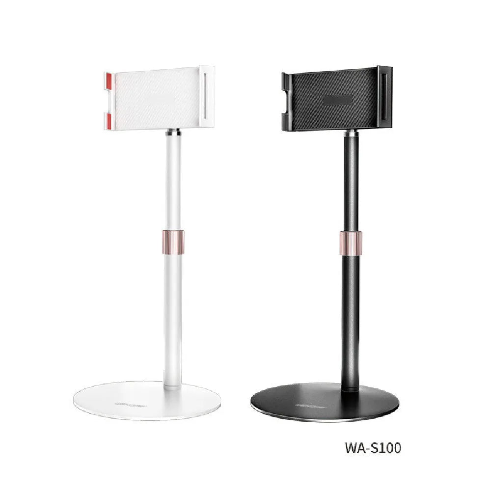 Black adjustable lifting metal bracket holding an 11-inch tablet, showing extended telescopic arm.