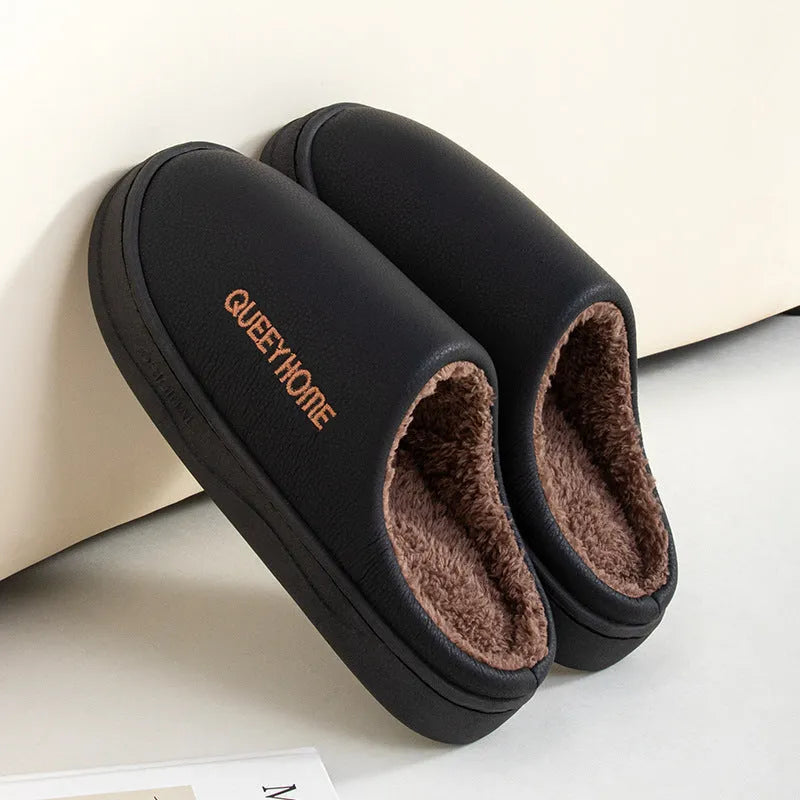 Men's winter fleece-lined slippers in brown with plush upper and non-slip PVC sole