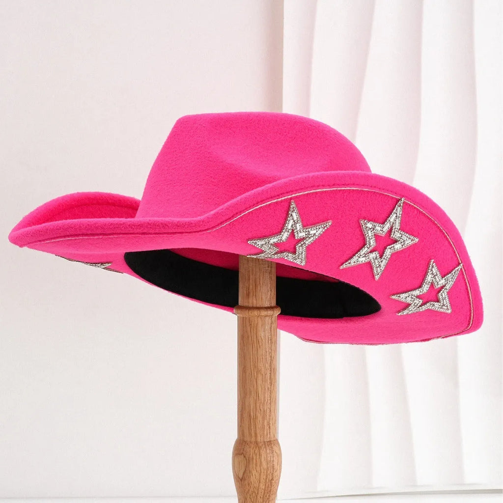 A beige woven polyester Western-style top hat with a conical crown and a hexagonal star detail on the front.