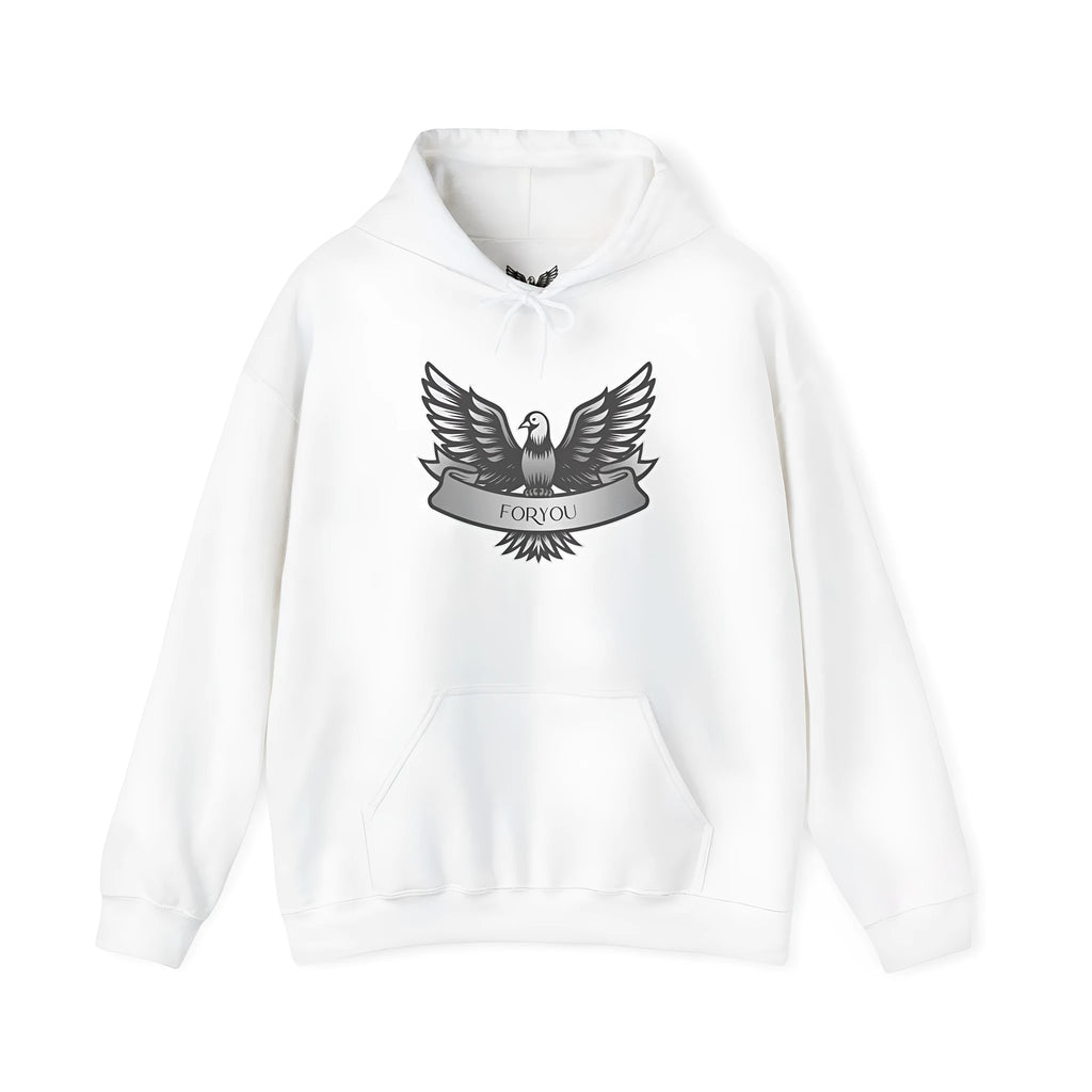 White unisex pullover hoodie with long sleeves and a hood on a hanger