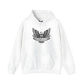 White unisex pullover hoodie with long sleeves and a hood on a hanger
