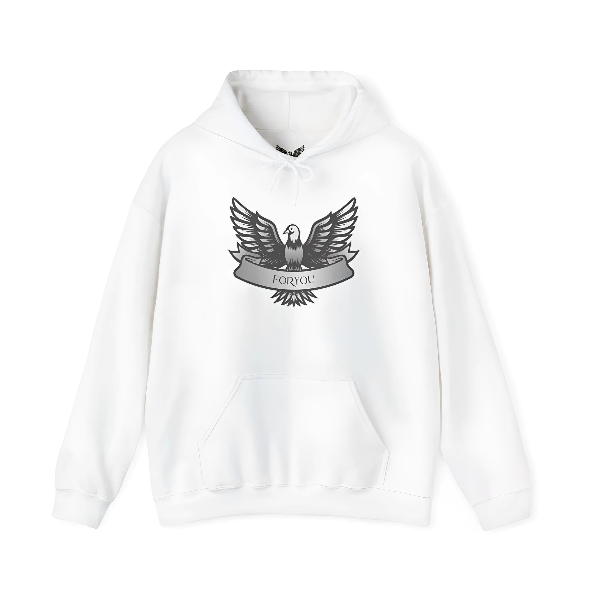 White unisex pullover hoodie with long sleeves and a hood on a hanger
