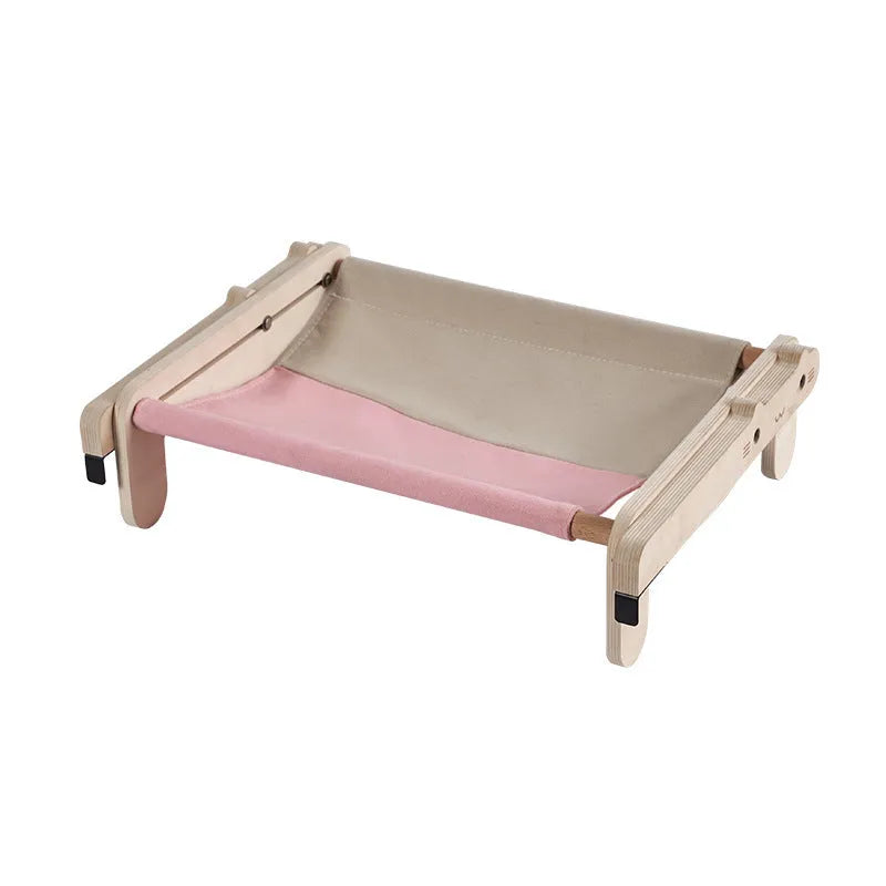 Solid wooden cat bed with removable fabric cover in selected colour option