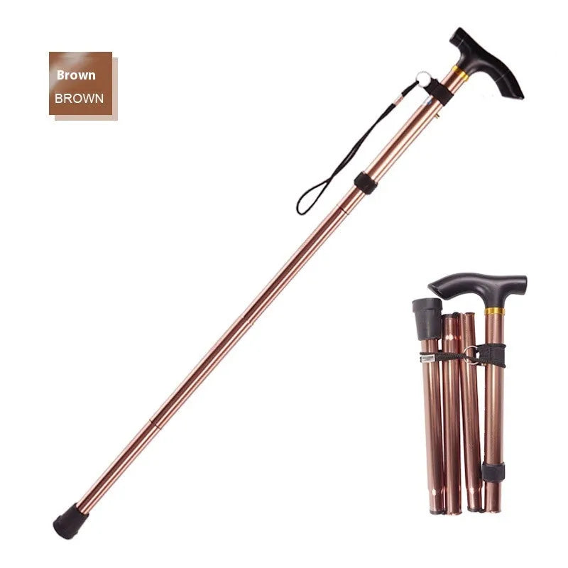 Adjustable aluminium folding walking stick in a chosen colour, shown extended and folded.