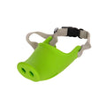 Blue and green silicone dog muzzle covers shown in small and large sizes for anti-bite training.