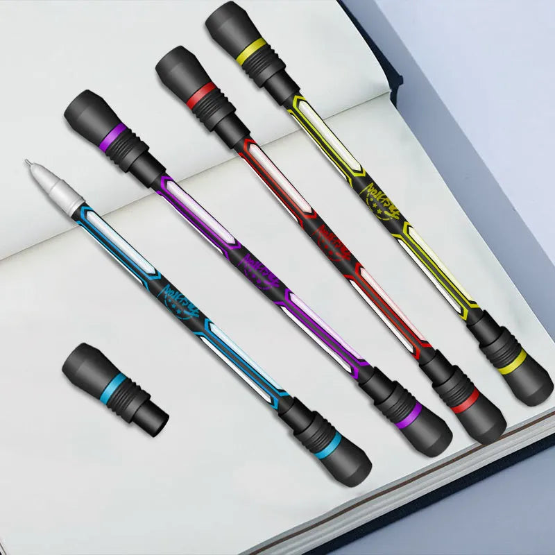 Frosted grip spinning pen with 0.35mm fine writing tip showing anti-slip silica gel section