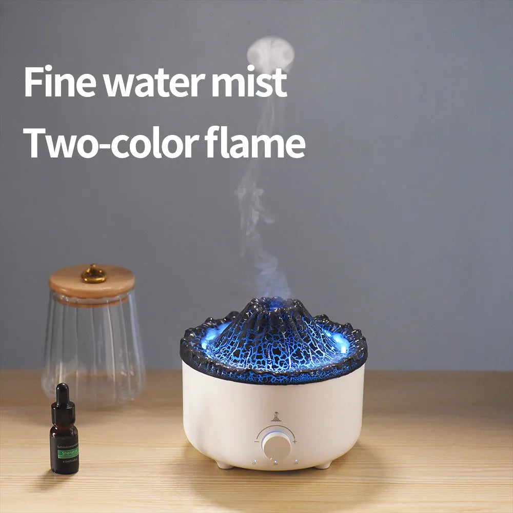 Small white volcano-shaped humidifier with simulated flame lighting and remote control on wooden table
