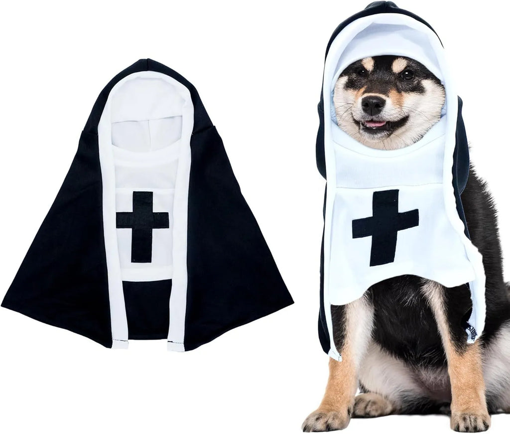 Black and white nun costume cloak outfit on a small or medium dog for Halloween.