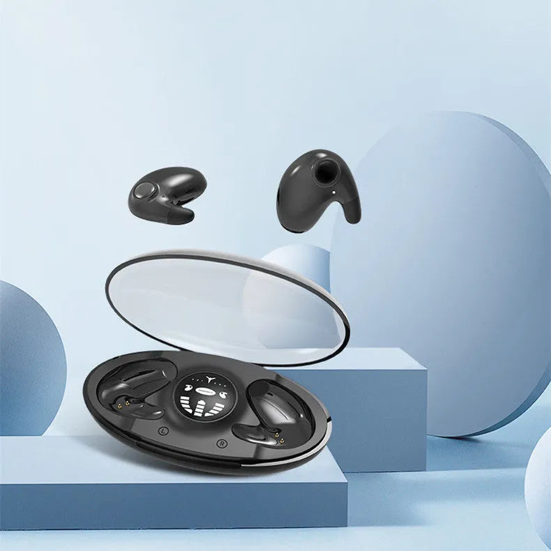 Ultra-thin true wireless Bluetooth earbuds in black with power display, 15-metre range, stereo sound