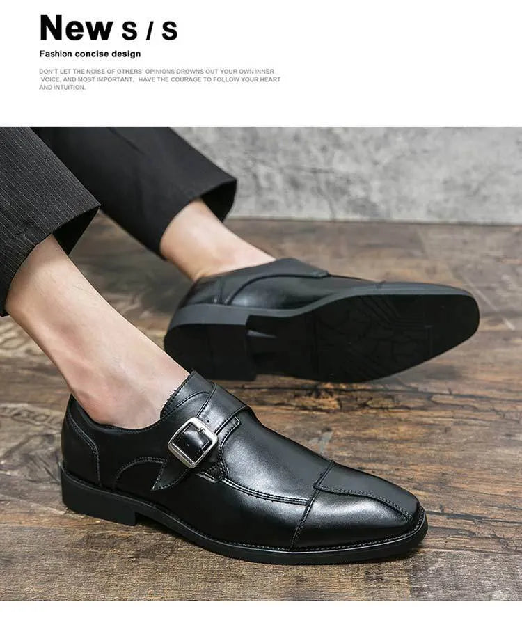 Men's brown blue retro casual leather shoes with buckle detail and tall crown height