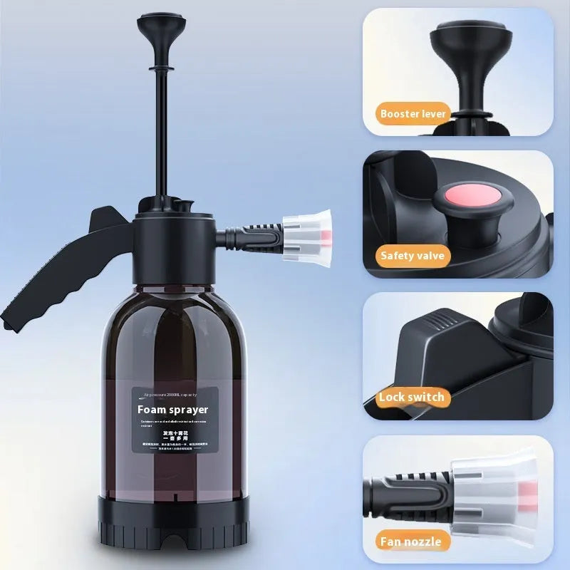 Black 2L foam watering can sprayer with pump handle and two nozzles