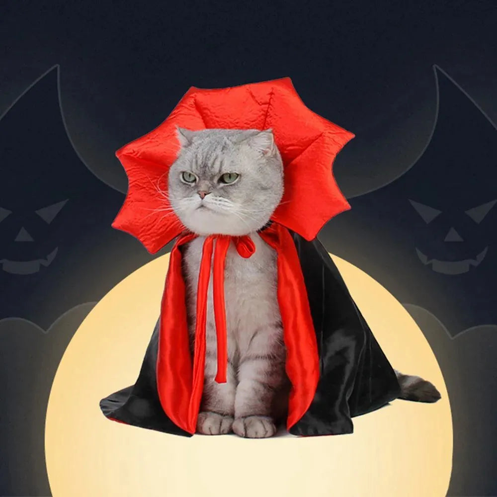 Vampire cloak Halloween costume for a small dog or cat showing sizes S, M, L with back length measurements.