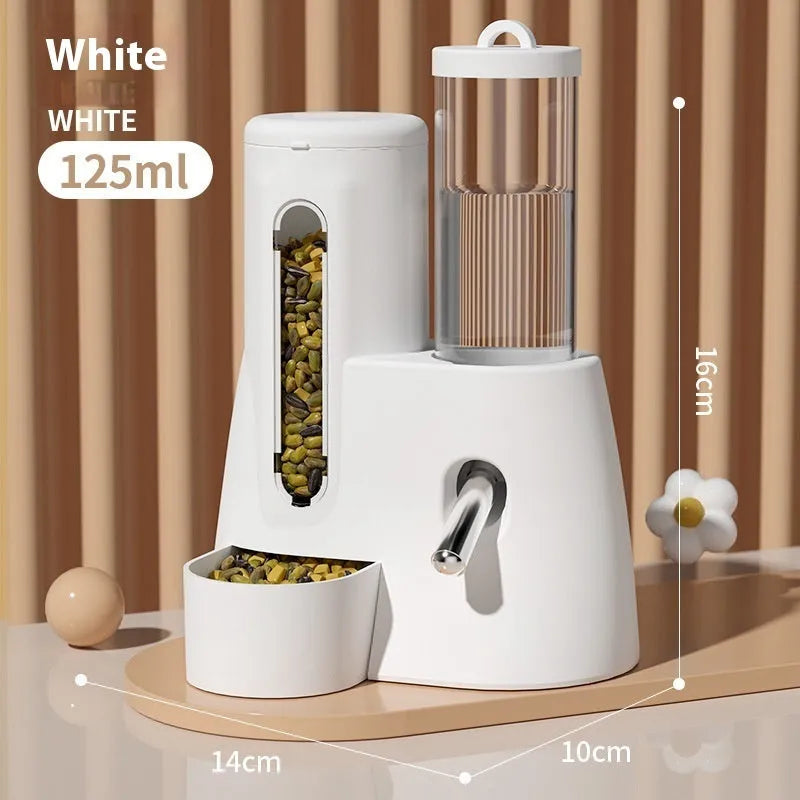 White automatic water feeder and food basin set for hamsters on a blue background.