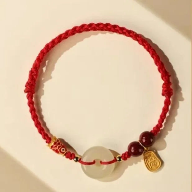 Hetian jade peace buckle bracelet with 10mm beads on adjustable braided rope in three colour options