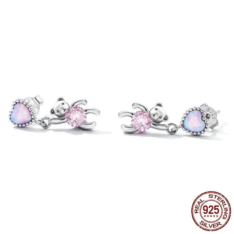 Love bear ear studs made of S925 silver, 1.8cm height, 0.6cm width, niche design for women