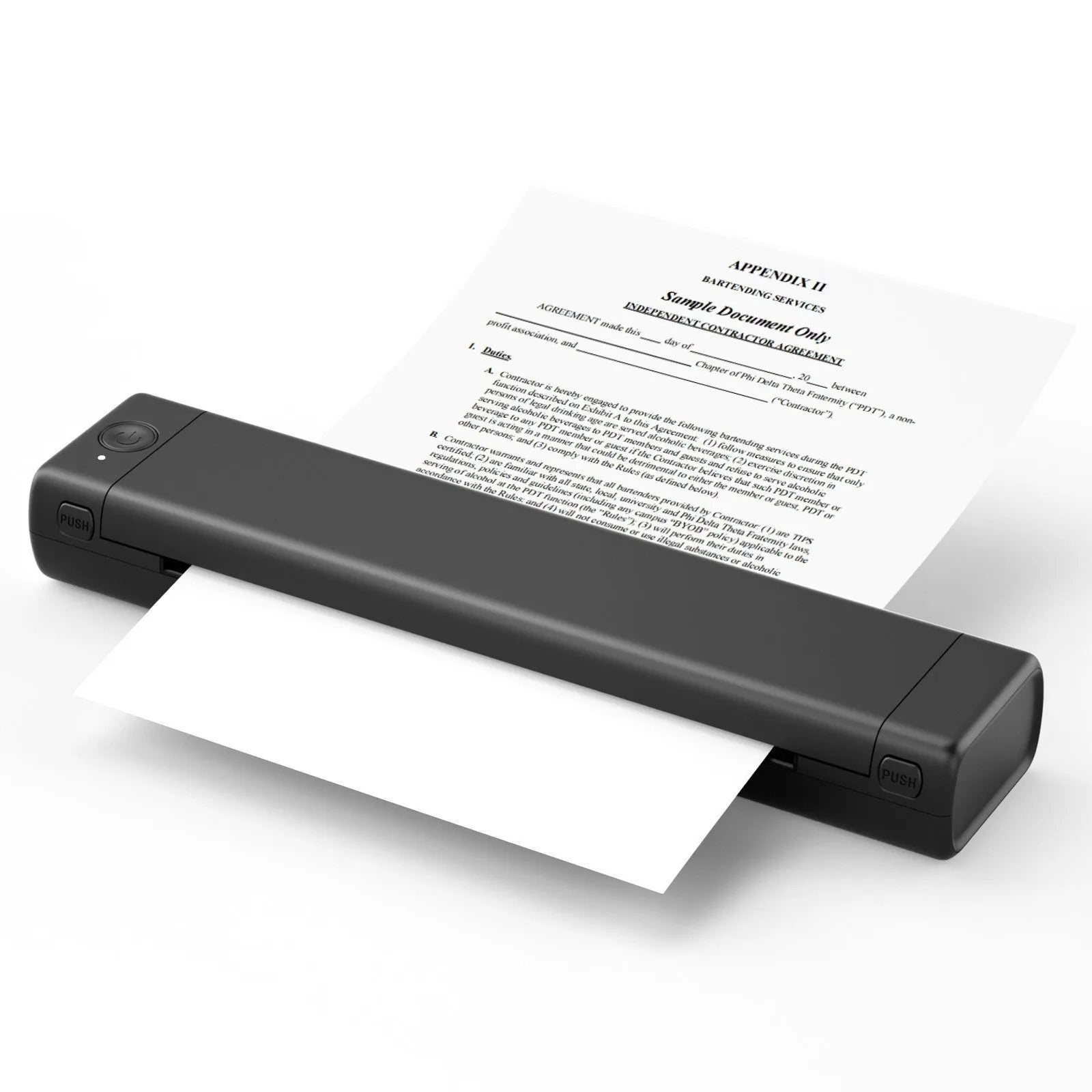 Phomemo M08F white portable A4 thermal printer with charging cable on desk