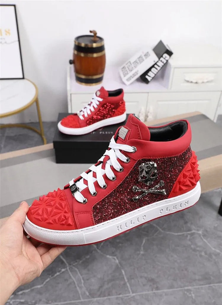 Men's black and red genuine leather high-top skeleton shoes with a lace-up front and rubber sole.