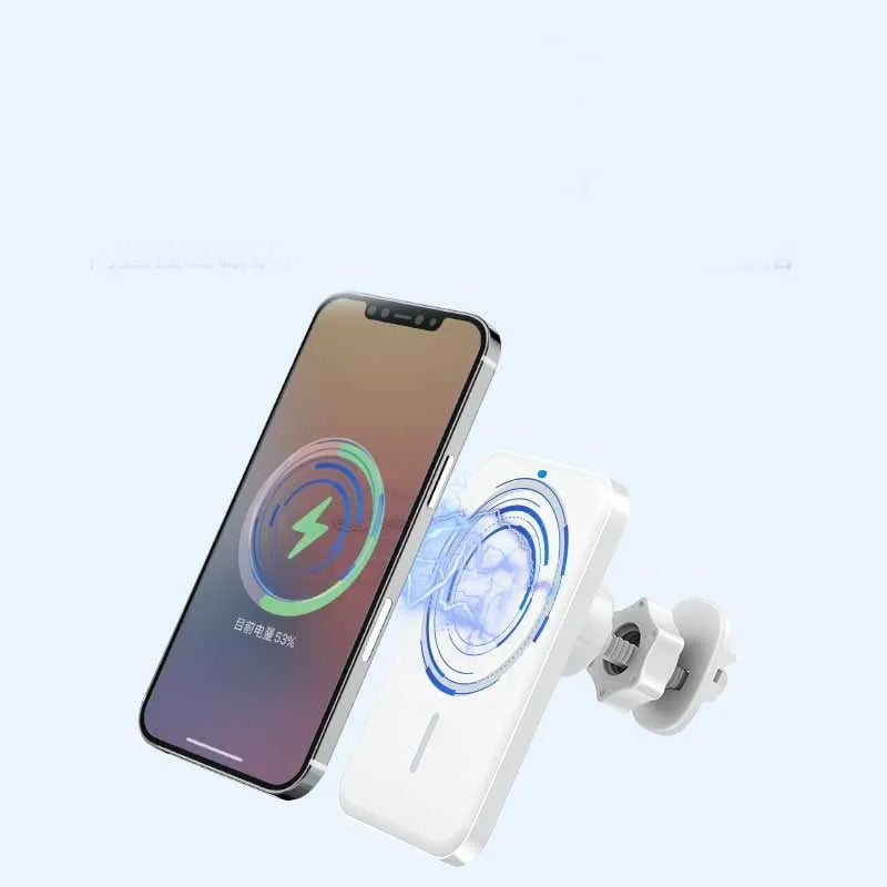 Black car magnetic wireless phone charger and bracket mounted on a car air vent.